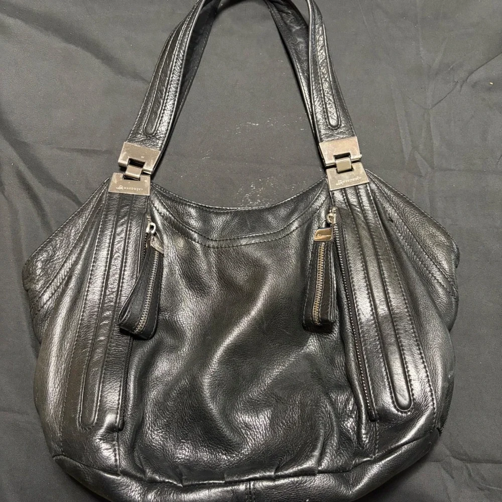 B. Makowsky Black Genuine Leather Large Hobo Shoulder Bag Silver Hardware